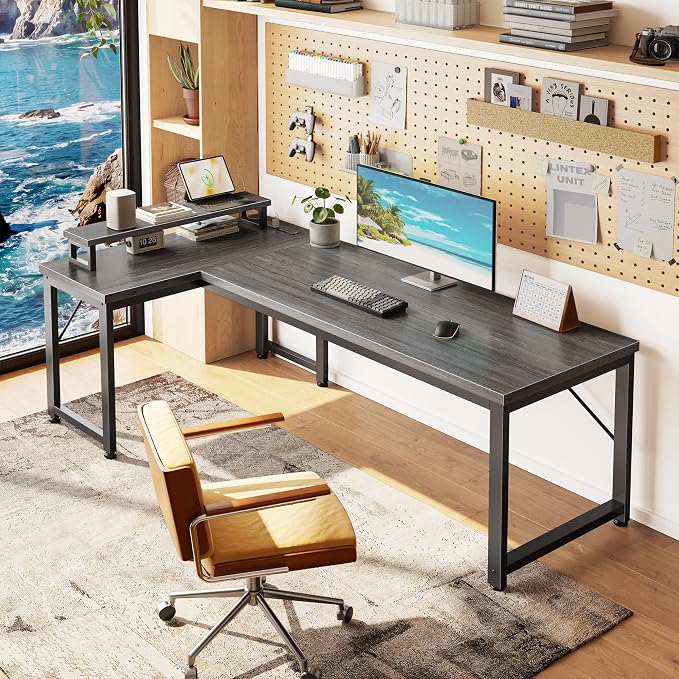 PRAISUN 53" L Shaped Computer Desk, Power Outlets, Monitor Stand, Grey | USB-C Ports, Reversible Charging Station, Spacious Desktop & Legroom, 0.94 Inch Thick Desktop, for Gaming, Study & Work - Image 2
