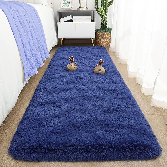 Tepook Soft Runner Rugs for Bedroom 2x6 ft with Rubber Backing, Navy Fluffy Rugs for Living Room, Shag Bedside Rug Fuzzy Plush Carpet for Room, Area Rug for Dorm Nursery Hallway Indoor Home Decor by Tepook
