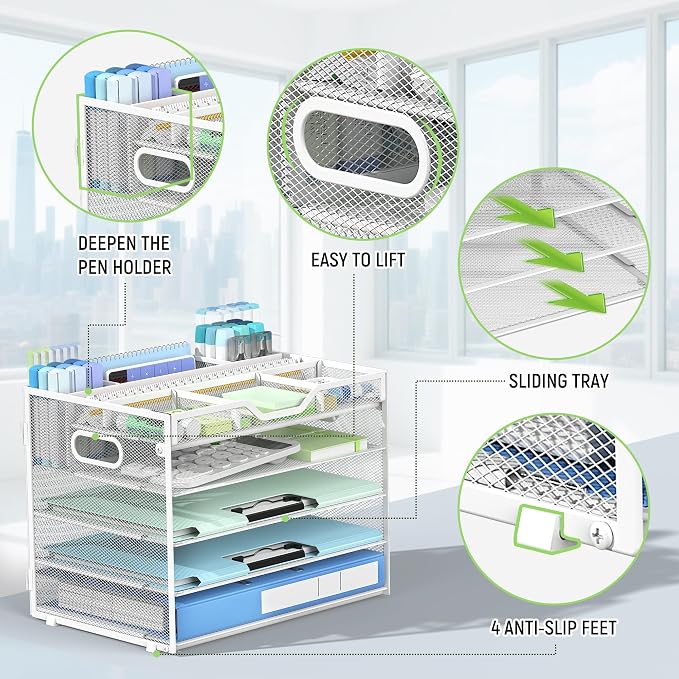 Docnest 5 Tier Mesh Desk Organizer with Removable Tray&Pen Holder, White | Features 3 detachable pen holders and 4 removable dividers.Versatile mesh desktop storage for mail, document,office supplie - Image 5