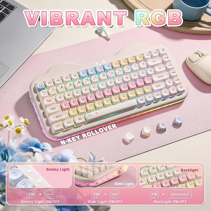 YUNZII C75 Cute 75% Wireless Mechanical Keyboard (Beige, Milk Switch) | Creamy Cake Keyboard, BT5.0/2.4G/USB-C, Hot-Swap, NKRO, PBT MOA Keycaps,5500mAh RGB Gasket Mount for Mac/Win/Gaming/Office - Image 7