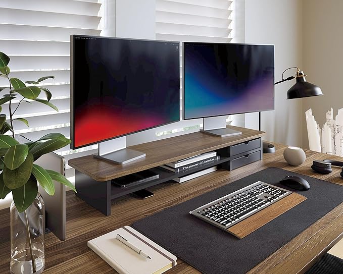 Fenge Monitor Stand, Dual Monitor Riser, 42.5inch Large Desk Computer Monitor Stand Riser with Drawer, 2 Tier Wood & Acrylic Desktop Organizer for Computer, Laptop, Printer, TV Screen Riser - Image 5
