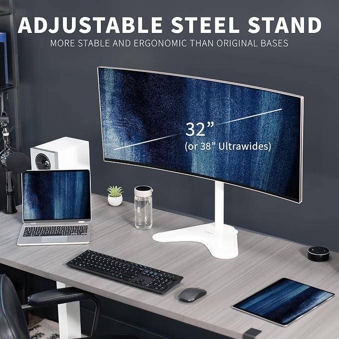 VIVO Single Monitor Desk Stand, Holds Screens up to 32 inch Regular and 38 inch Ultrawide, Freestanding VESA Steel Mount Base, Adjustable Height, Tilt, Swivel, Rotation, White, STAND-V001HW - Image 2