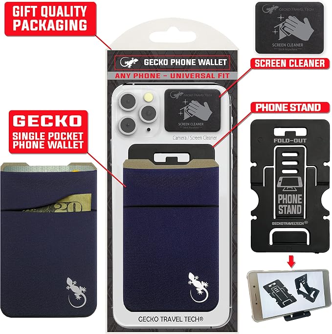 Gecko Travel Tech Double Pocket - Adhesive Card Holder - Cell Phone Pouch - Stick on Spandex Pocket - Carry Credit Cards and Cash (Navy) - Image 8