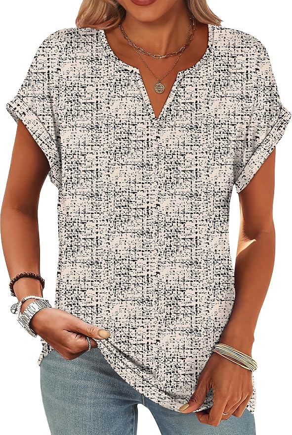 Womens Tops Dressy Casual V Neck Rolled Sleeve T Shirts Fashion Clothing Business Casual Outfits Beach Vacation Clothes - Image 2