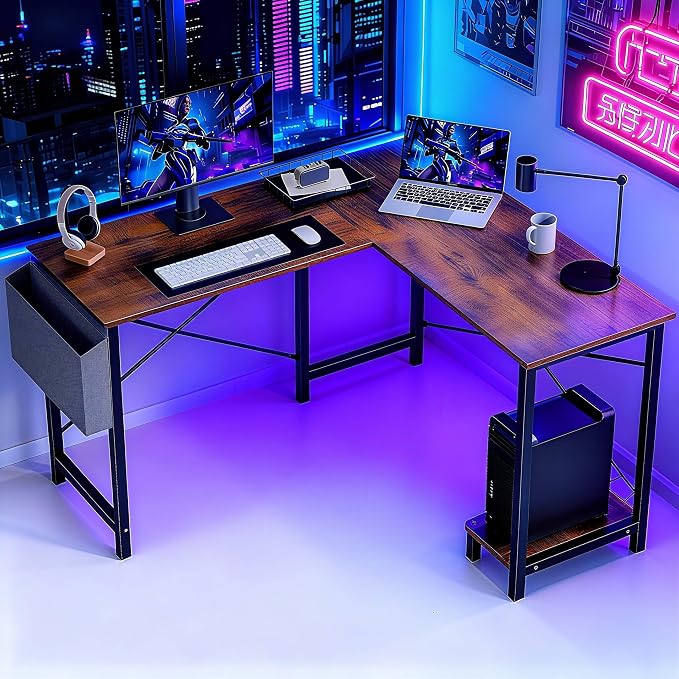 OLIXIS L Shaped Desk, 50-Inch Office Computer Gaming Desks Corner PC Table with Side Bag and Reversible Shelf for Home Work Study Writing Rustic Brown | Side Bag, Reversible Shelf, Home Work Study Writing, PC Workstation, Easy Assembly, Rustic Brown - Image 2