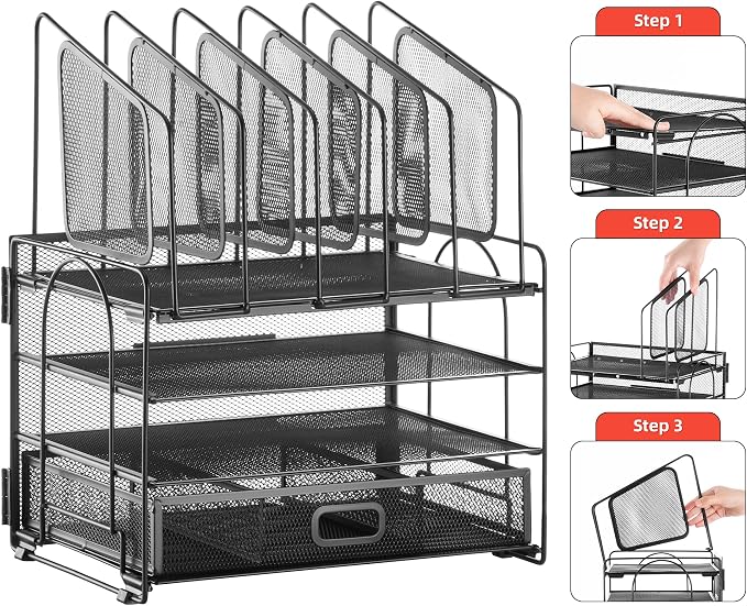 Marbrasse Desk organizer with Drawer, 4-Tier Mesh File Organizer with 5 Vertical File Holders and 2 Pen Holders, Multifunction Desktop Organizer,Desk Organizers and Accessories for Home Office - Image 6