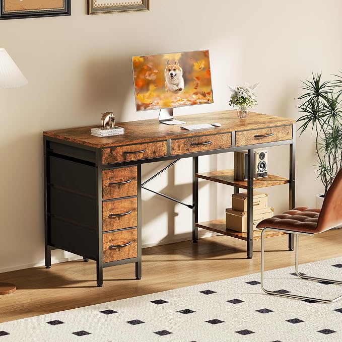 Sweetcrispy 55" Computer Desk with 6 Fabric Drawers & Storage Shelves | Reversible Gaming Desk, Office Desk, Computer Workstation, Corner Desk with Storag, Home Office, Living Room, Rustic Brown - Image 8