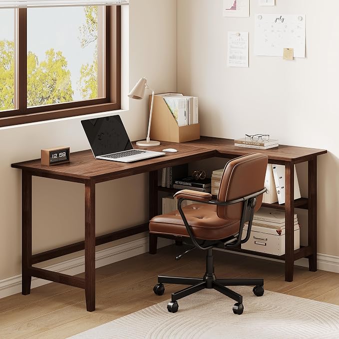 IOTXY Reversible L-Shaped Office Desk - 53" Modern Corner Computer Table with Storage Shelves, Solid Wood Legs, Home Writing & Study Workstation, Walnut - Image 8