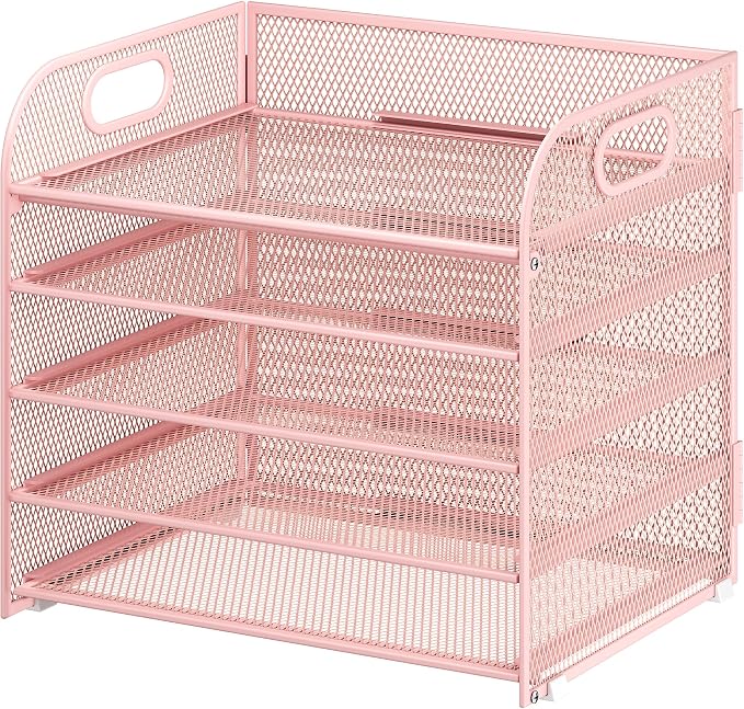 Cawukege 5 Tier Paper Organizer with Handle, Pink Metal Mesh Desk Organizer File Folder Paper Letter Tray Desktop Document Sorter for Classroom, School, Office Accessories Organization and Storage - Image 9