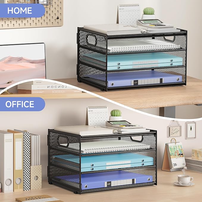 Subekyu Paper Letter Tray Organizer for Desk, Black Metal Mesh Desk File Sorter Organizer with Handle and 2 Sliding Trays for Home Office School Supplies Organization - Image 4