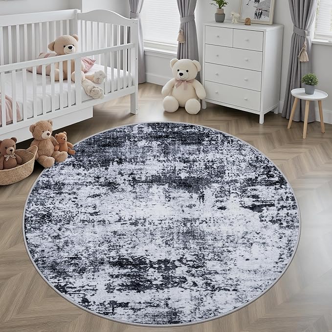 Round Area Rug for Living Room: 8 ft Washable Modern Abstract Soft Thin Rug Indoor Floor No Slip Stain Resistant Carpet for Bedroom Dining Room Farmhouse Nursery Home Office - Black - Image 4