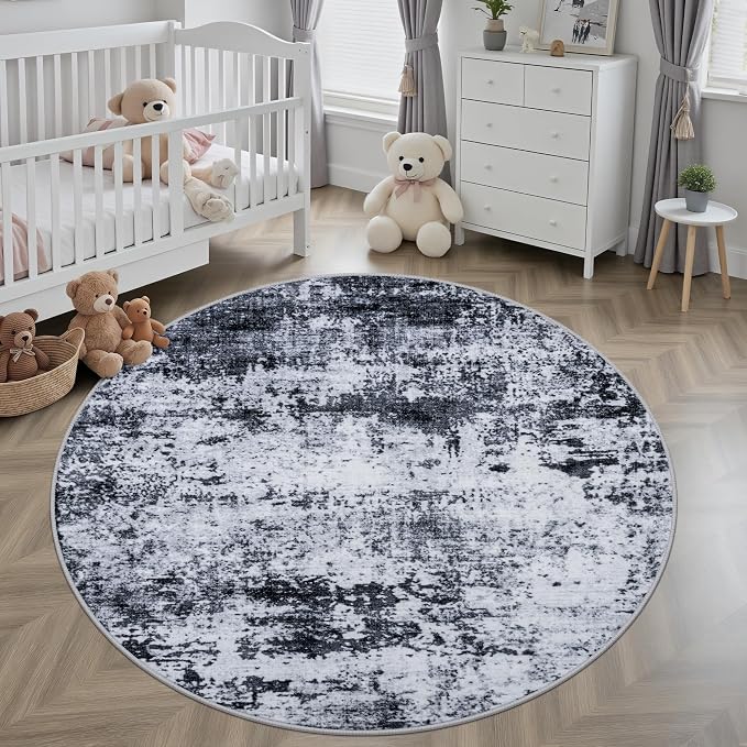 Round Area Rug for Living Room: 4 ft Washable Modern Abstract Soft Thin Rug Indoor Floor No Slip Stain Resistant Carpet for Bedroom Dining Room Farmhouse Nursery Home Office - Black - Image 3