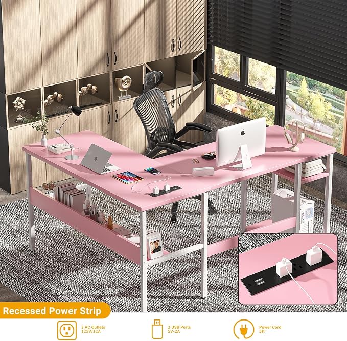 Unikito Reversible L Shaped Desk with Magic Power Outlets and USB Charging Ports, Sturdy Corner Computer Desk with Storage Shelves, Gaming Table Home Office Desk, Easy to Assemble, Pink - Image 5