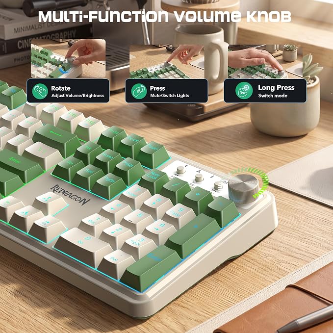 Redragon RM104 Wireless Gaming Keyboard with Knob, Tri-Mode BT/2.4G/USB-C RGB Computer Keyboards, 4000mAh Battery, Programmable Software Support, Anti-Ghosting, Compatible with PC Mac - White & Green - Image 4