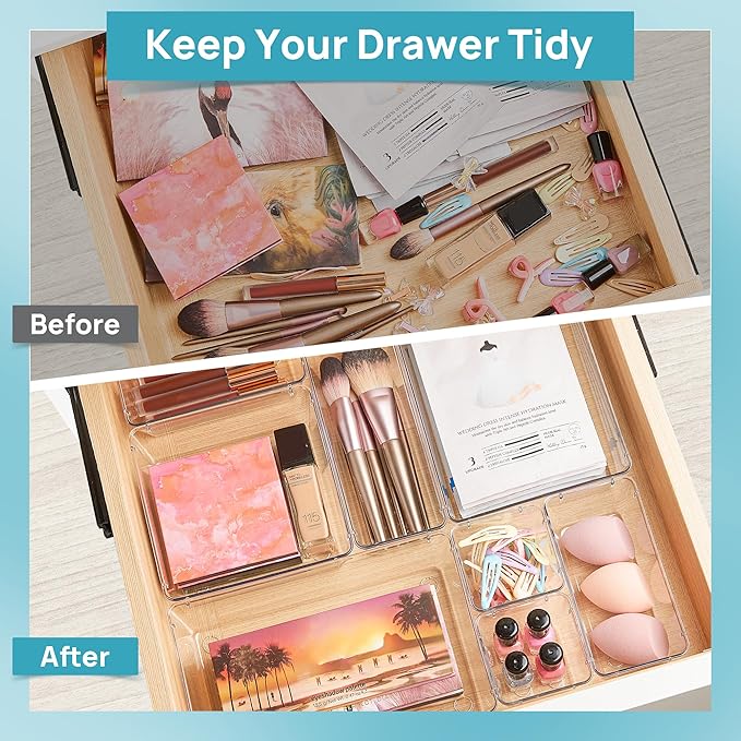 Vtopmart 15 PCS Clear Plastic Drawer Organizers Set, Vanity Organizer Trays | 4-Size Versatile Makeup Organizer, Non-Slip Storage Containers for Makeup, Jewelries, Bedroom，Kitchen Utensils and Office - Image 2