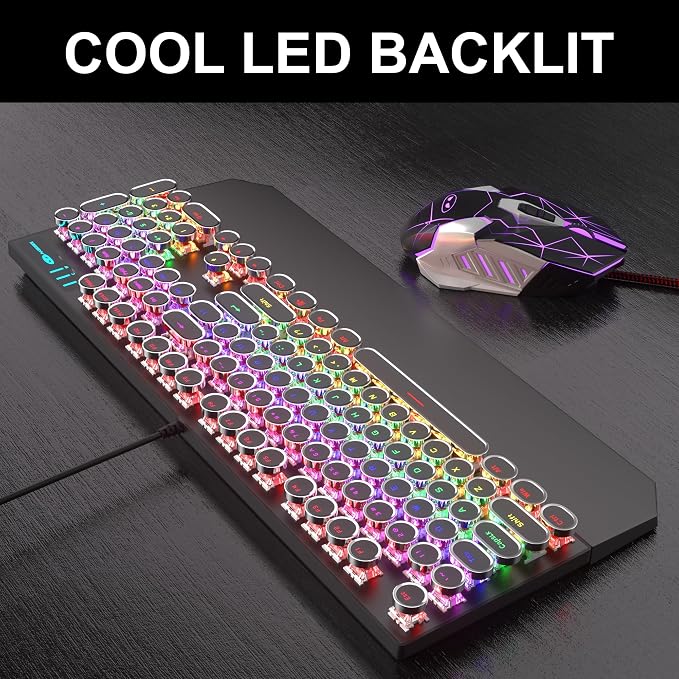 Retro Typewriter Keyboard and Mouse Combo, Cute Black Keyboard with Linear Red Switches, Full Size Wired Mechanical Gaming Keyboard, Cool Light Up Keyboard and Mouse for Gaming,Work,Mac,PC,Windows - Image 3