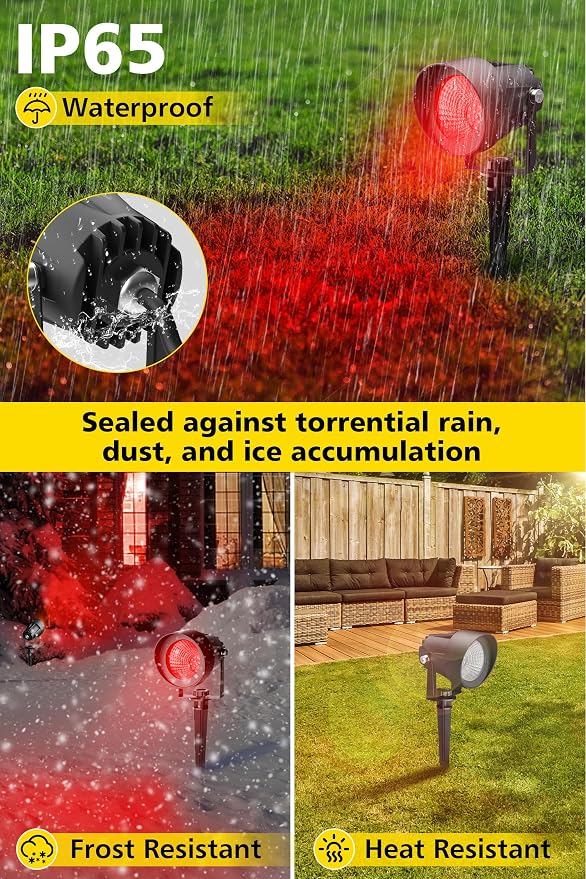 T-SUN Red Spotlight Outdoor, Waterproof LED Landscape Lighting with US Plug, Easy Install 270° Adjustable Outdoor Spot Lights for Garden Tree Yard Decor - Image 4