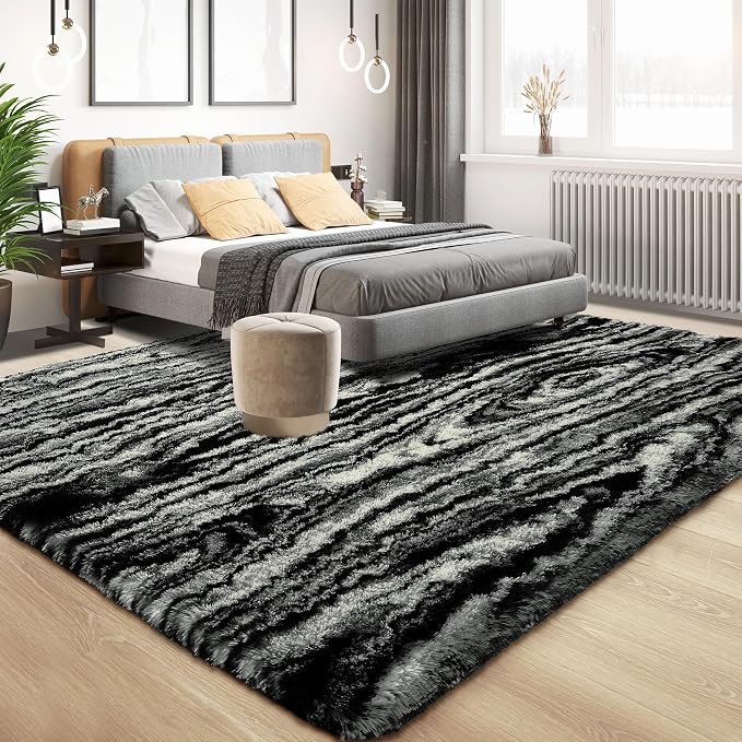 Tepook Soft Fluffy Rugs for Living Room, 5x8 Shaggy Area Rug for Bedroom, Modern Shag Rug Fuzzy Carpets for Kids, Plush Indoor Nursery Home Decor Rug with Non-Slip Bottom, Black White - Image 2