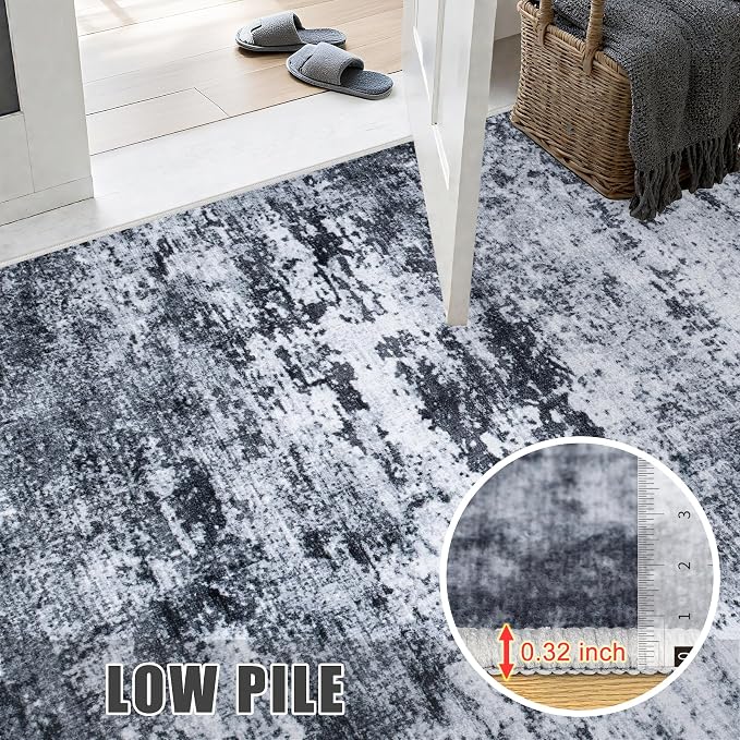 Round Area Rug for Living Room: 5 ft Washable Modern Abstract Soft Thin Rug Indoor Floor No Slip Stain Resistant Carpet for Bedroom Dining Room Farmhouse Nursery Home Office - Black - Image 7