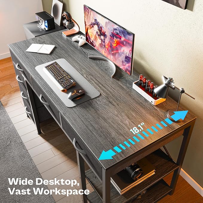 Huuger Computer Desk with 6 Drawers, Office Desk with Shelves, Reversible Gaming Desk, Corner Desk with Storage, Work for Home Office, Study, Living Room, 47inch, Grey - Image 4