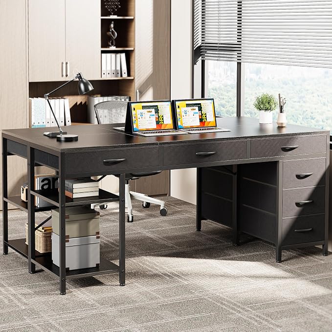 Huuger Computer Desk with 6 Drawers, Office Desk with Shelves, Reversible Gaming Desk, Corner Desk with Storage, Work for Home Office, Study, Living Room, 63inch, Black - Image 2