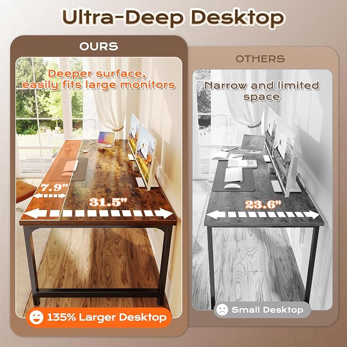Huuger 71 x 31.5 Inch Desk with Power Outlets & USB-C, 0.95 Inch Thicker Desktop, Robust Metal Tubes, Deep Computer Desk, Heavy Duty Office Desk, Work Desk for Home Office, Rustic Brown - Image 5