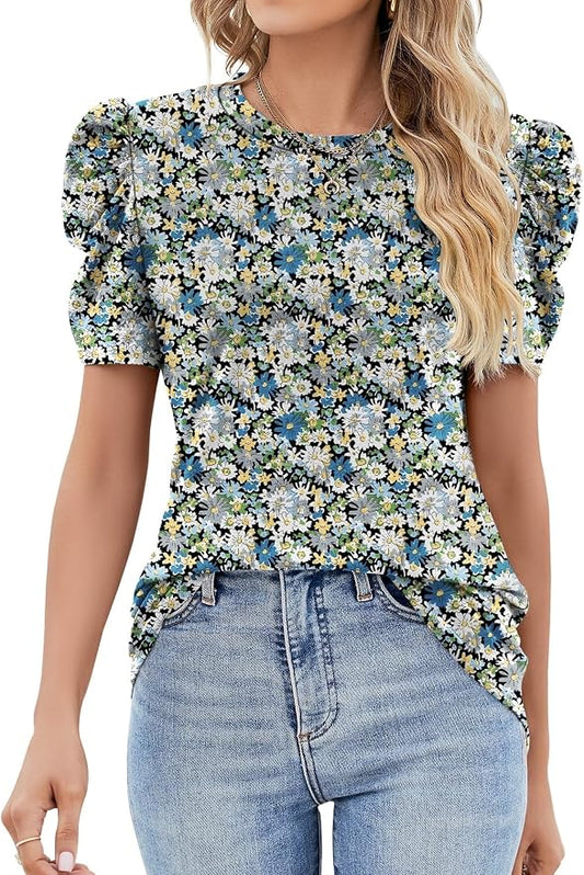 Ivicoer Puff Short Sleeve Shirt for Women Eyelet Tops Summer Crewneck Blouse Loose Fit S-XXL by Ivicoer