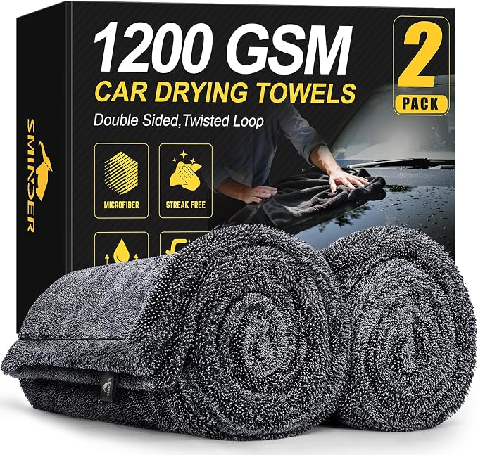 SMINDER 2-Pack 1200 GSM Car Drying Towels – Microfiber Towels for Cars (36" x 24"), Ultra-Absorbent, Streak-Free, Scratch-Free, No Water Spots, Double-Twist Pile & Edgeless Design by SMINDER