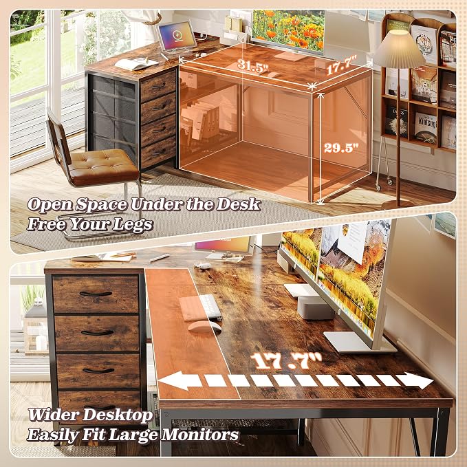 PRAISUN 43.3" Small Computer Desk with Power Outlets & USB-C Port, Reversible L Shaped Corner Office Desk with 4 Fabric Drawers and 2 Adjustable Storage Shelves, for Gaming Writing, Rustic Brown - Image 5