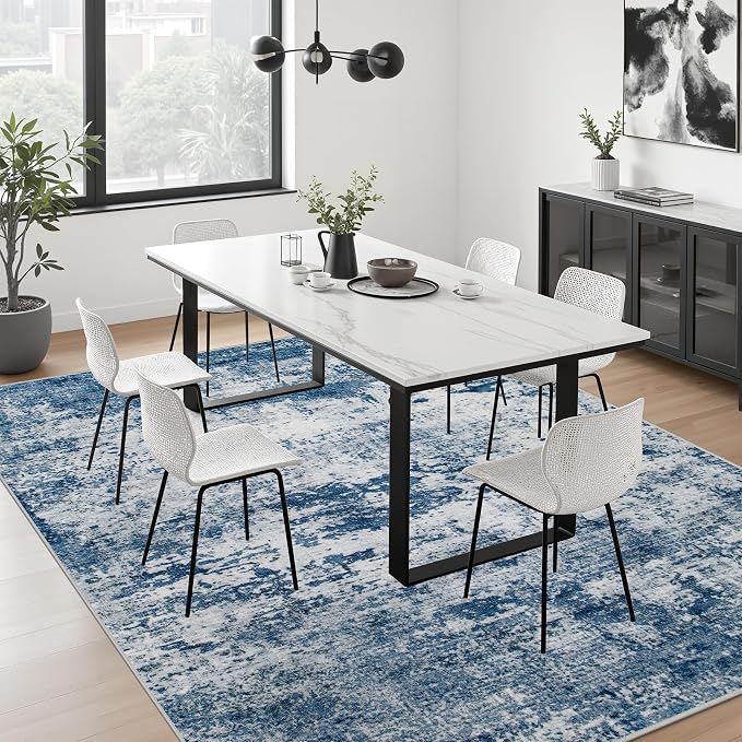 5x5 Area Rug Living Room Rug: Washable Modern Abstract Soft Thin Rug Indoor Floor No Slip Stain Resistant Carpet for Bedroom Dining Room Farmhouse Nursery Home Office - Blue - Image 4