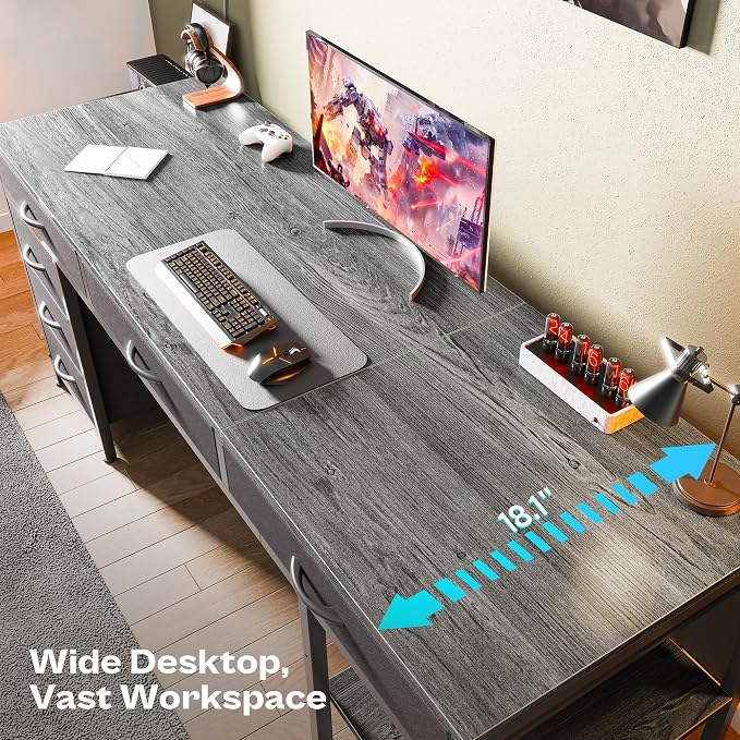 Huuger Computer Desk with 6 Drawers, Office Desk with Shelves, Reversible Gaming Desk, Corner Desk with Storage, Work for Home Office, Study, Living Room, 63inch, Grey - Image 5