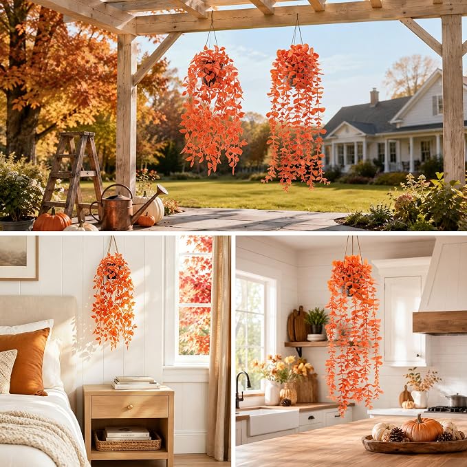 Der Rose 2Pcs Fake Fall Hanging Plants for Home Bathroom Wall Outdoor | Orange artificial hanging plants for autumn decor accents, fall bathroom and kitchen decor, porch, patio and covered decor - Image 7