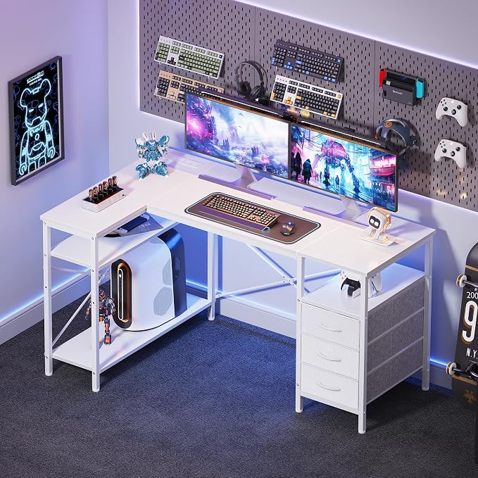Huuger L Shaped Office Desk with Power Outlets, 47 Inch Computer Desk with 3 Drawers, Shelves, for Gaming, Corner Work, Home Office, Study, White - Image 8
