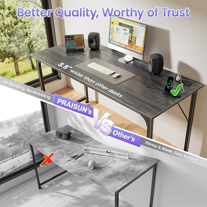 PRAISUN 55 X 20 Inch Computer Desk, Power Outlets, USB-C, Grey | Office Desk with 4 AC Outlets, USB & USB-C, Sturdy Metal Frame, Spacious Desktop for Work, Writing, Study & Gaming - Image 6
