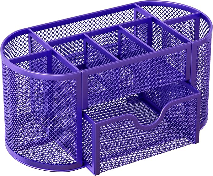 EasyPAG Mesh Pen Holder Desk Organizer with Drawer Stationery Supplies Organizer for Dorm School 9 Compartments Workspace Desk Accessories Organization for Office, Purple - Image 2