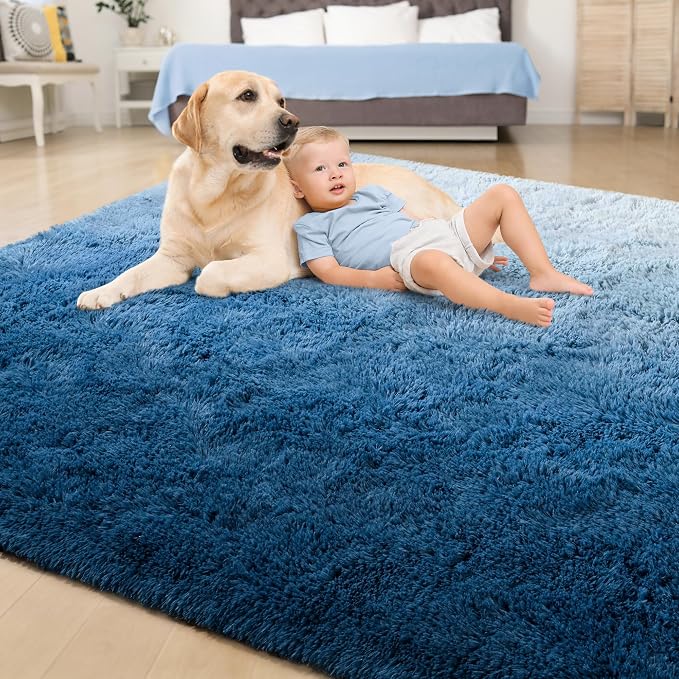 Tepook Fluffy Large Rugs for Living Room, 8x10 Area Rugs for Bedroom, Modern Shag Fuzzy Carpets for Kids Boys Girls, Plush Indoor Nursery Home Decor Rug with Non-Slip Bottom, Gradient Navy Blue - Image 4