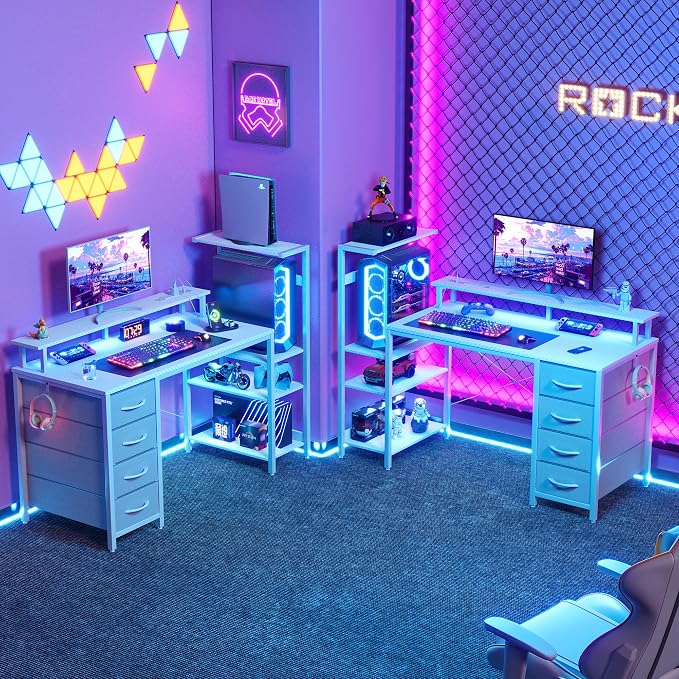 51 Inch Gaming Desk with Drawers & PC Tower Stand & LED Lights, White | Reversible, Monitor Shelf, Power Outlets, Carbon Fiber, Mesa Gamer, Computer Desk with Storage, Gaming Table for Home Office - Image 8