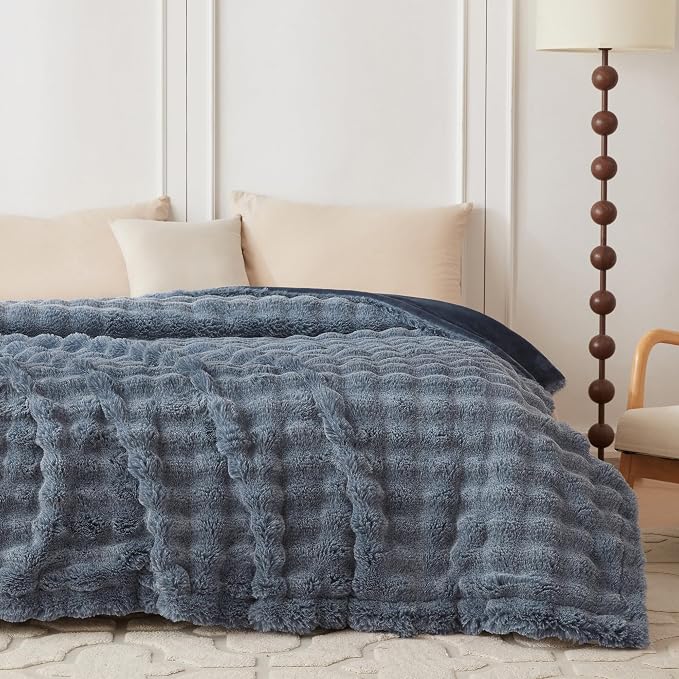 COOVA Faux Fur Throw Blanket for Couch, Cozy Soft and Fuzzy Plush Rabbit Fur Bubble Blanket for Sofa Bedroom Living Room, 60x80 Inches Cationic Dark Blue - Image 3