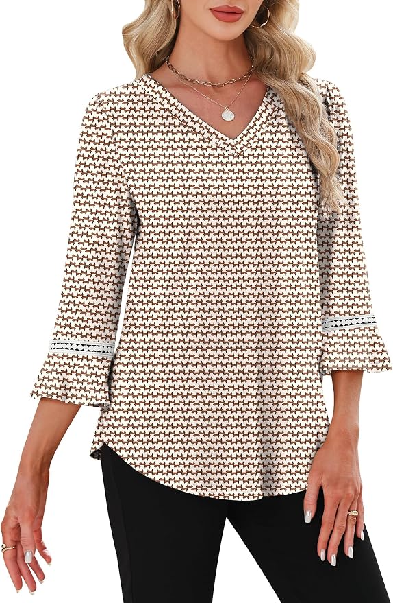 WIHOLL Womens Blouses Dressy Casual 3/4 Length Sleeve Tops Lace Trendy 2026 Spring Summer V Neck Shirts Vacation Outfits - Image 3