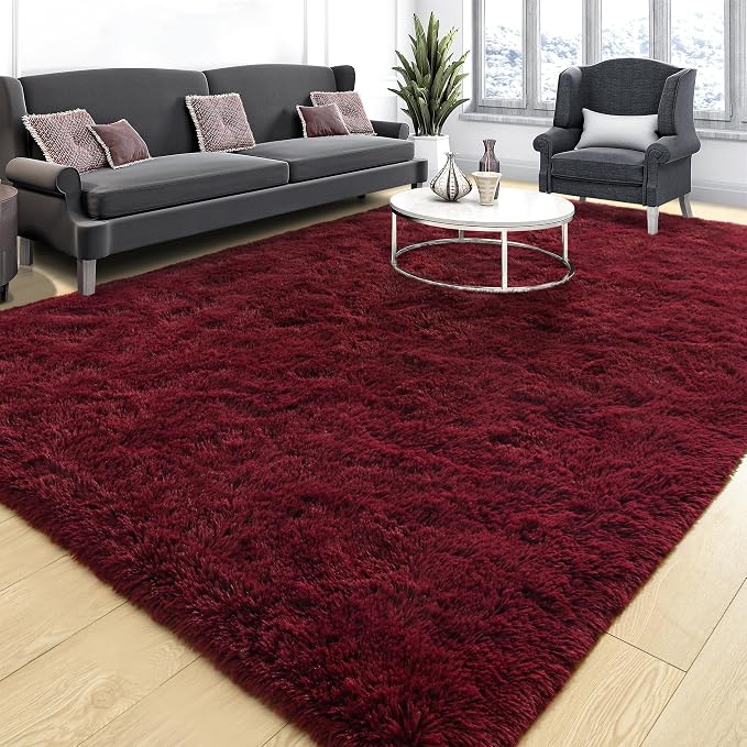Tepook Fluffy Burgundy Rugs for Living Room, 4x6 Dark Red Area Rug for Bedroom, Soft Shaggy Plush Floor Carpet for Kids Girls Boys Room, Indoor Non Slip and Washable Carpets for Nursery Home Decor by Tepook