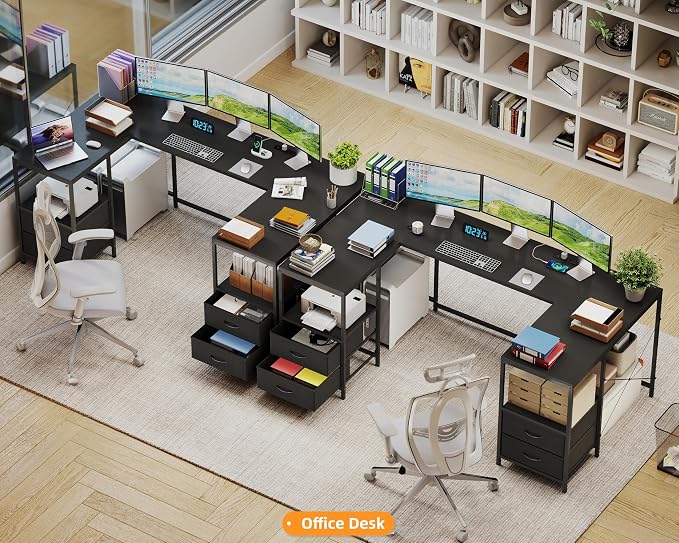 YOSHOOT 67" U Shaped Computer Desk, Reversible L Shaped Gaming Desk | Corner Desk with Power Outlets, 4 Drawers, 2 Storage Shelf, Computer Table with 4 Installation Methods, Black - Image 2