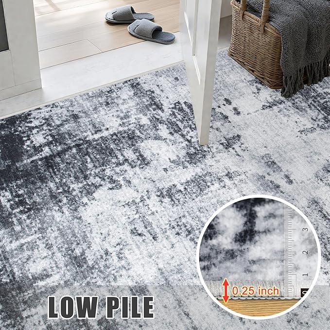 6x9 Area Rug Living Room Rug: Washable Modern Abstract Soft Thin Rug Indoor Floor No Slip Stain Resistant Carpet for Bedroom Dining Room Farmhouse Nursery Home Office - Dark Black - Image 8