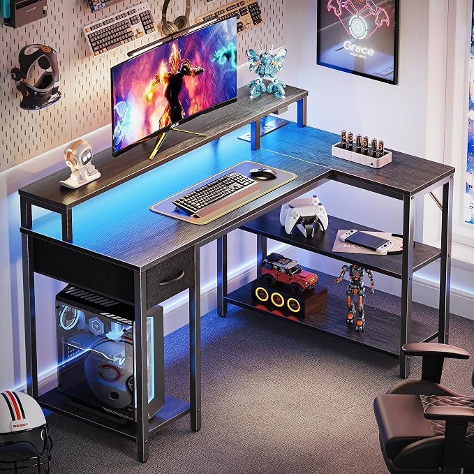 SUPERJARE 47 inch Reversible L Shaped Desk with LED Lights & Power Outlets, Computer Desk with Shelves & Monitor Stand, Gaming Desk with Drawer, Home Office Desk Corner Desk, Grey - Image 2
