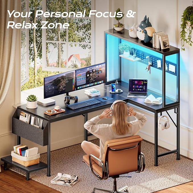 PRAISUN L Shaped Gaming Desk with LED Lights & Power Outlets, Reversible Computer Desk with Storage Shelves & Bag, Large Corner Home Office Desk with Pegboard for Work from Home, Black - Image 6