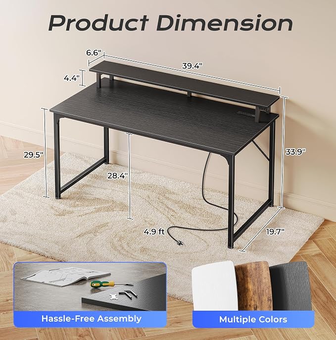 PRAISUN 40 inch Gaming Desk, LED & Power Outlets, Monitor Stand, Black | Sturdy PC Desk for Home Office, Study & Work, LED Lights, 4 AC Outlets & USB-C Charging Station - Image 3