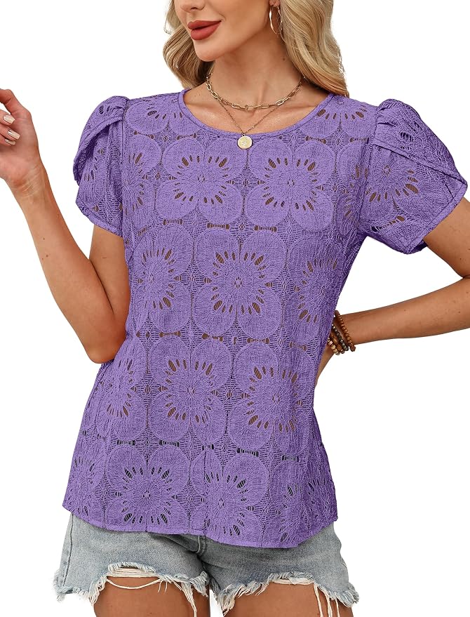 OFEEFAN Blouses for Women Dressy Casual Petal Short Sleeve Shirts Crochet Lace Boho Tops Spring Fashion Summer Outfits - Image 3