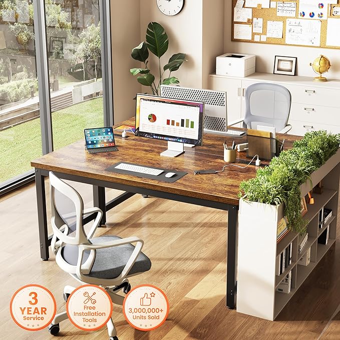 Huuger 55 x 24 inch Desk with Power Outlets & USB-C, Deeper & Thicker Desktop, Robust Metal Tubes, Computer Desk, Heavy Duty Office Desk, Work Gaming Desk for Home Office, Rustic Brown - Image 3
