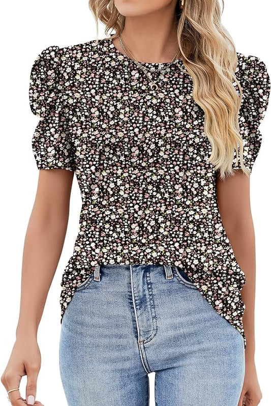 Ivicoer Puff Short Sleeve Shirt for Women Eyelet Tops Summer Crewneck Blouse Loose Fit S-XXL by Ivicoer