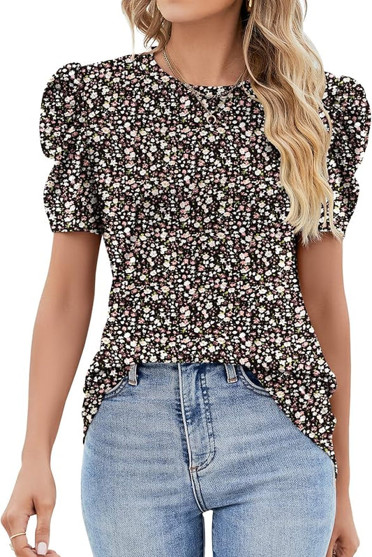 Ivicoer Puff Short Sleeve Shirt for Women Eyelet Tops Summer Crewneck Blouse Loose Fit S-XXL by Ivicoer