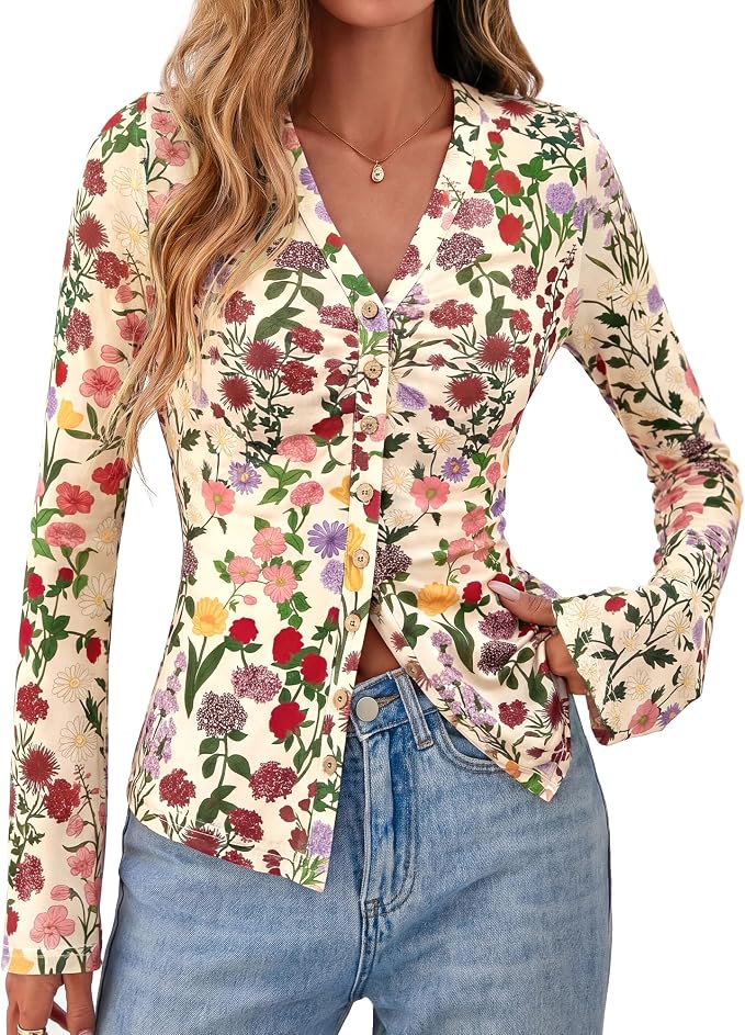 BTFBM Button Down Shirts for Women 2026 Fall Boho Tops V Neck Long Sleeve Blouses Ruched Mesh Fitted Fashion Clothing - Image 6